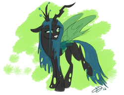 Size: 1280x985 | Tagged: safe, artist:probablyfakeblonde, character:queen chrysalis, species:changeling, changeling queen, fangs, female, grin, raised leg, signature, smiling, solo, standing