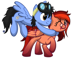 Size: 3646x3000 | Tagged: safe, artist:template93, oc, oc only, oc:lynn, oc:neo miles, species:pegasus, species:pony, commission, cute, flying, glasses, goggles, hug, open mouth, raised hoof, simple background, smiling, spread wings, stubble, transparent background, vector, wings, wink