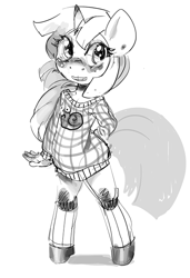 Size: 453x661 | Tagged: safe, artist:mewball, character:snails, species:anthro, clothing, female, monochrome, rule 63, socks, solo, spice, sweater