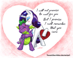 Size: 720x570 | Tagged: safe, artist:texasuberalles, character:rarity, character:spike, species:dragon, species:pony, species:unicorn, ship:sparity, blushing, colored pencil drawing, female, heart, male, mare, marker drawing, shipping, simple background, straight, traditional art, valentine, white background