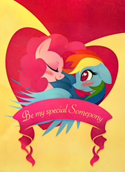 Size: 1535x2126 | Tagged: safe, artist:rariedash, character:pinkie pie, character:rainbow dash, species:pegasus, species:pony, ship:pinkiedash, episode:hearts and hooves day, g4, my little pony: friendship is magic, blushing, eyes closed, female, floppy ears, heart, heart eyes, lesbian, lineless, mare, profile, shipping, text, valentine, valentine's day, wingding eyes, wings