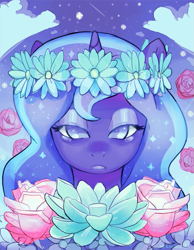 Size: 649x836 | Tagged: safe, artist:mewball, character:princess luna, species:alicorn, species:pony, bust, crying, female, floral head wreath, flower, looking at you, mare, no pupils, portrait, solo