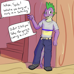 Size: 1280x1280 | Tagged: safe, artist:fuzebox, character:spike, species:anthro, species:dragon, species:plantigrade anthro, clothing, dialogue, jeans, male, older, older spike, pants, semi-anthro, shirt, shoes, solo, speech bubble, spike's journey, teenage spike, teenaged dragon, teenager