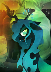 Size: 1358x1920 | Tagged: safe, artist:rariedash, character:queen chrysalis, species:changeling, changeling queen, fangs, female, floppy ears, horn, lineless, looking at you, open mouth, profile, smiling, solo, wallpaper