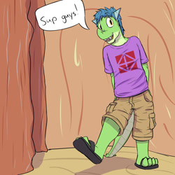 Size: 1280x1280 | Tagged: safe, artist:fuzebox, oc, oc only, oc:snort, species:anthro, species:dragon, species:plantigrade anthro, anthro oc, clothing, dialogue, male, sandals, shirt, shorts, solo, speech bubble, t-shirt, teenaged dragon