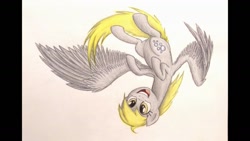 Size: 1191x670 | Tagged: safe, artist:thefriendlyelephant, character:derpy hooves, species:pegasus, species:pony, female, flying, happy, mare, smiling, solo, traditional art, upside down
