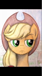 Size: 670x1191 | Tagged: safe, artist:thefriendlyelephant, character:applejack, clothing, cowboy hat, female, freckles, glare, green eyes, hat, skeptical, solo, traditional art, tree, unconvinced applejack