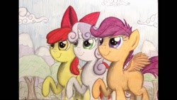 Size: 1024x576 | Tagged: safe, artist:thefriendlyelephant, character:apple bloom, character:scootaloo, character:sweetie belle, species:pegasus, species:pony, cutie mark crusaders, determined, traditional art, tree