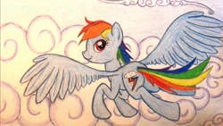 Size: 1024x576 | Tagged: safe, artist:thefriendlyelephant, character:rainbow dash, cloud, cloudy, cutie mark, female, flying, smiling, solo, traditional art, wings