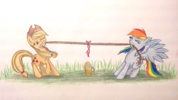 Size: 1024x576 | Tagged: safe, artist:thefriendlyelephant, character:applejack, character:rainbow dash, cider, colored pencil drawing, duo, eyes closed, gritted teeth, mouth hold, mug, pulling, raised hoof, rope, spread wings, struggling, traditional art, tug of war, wings