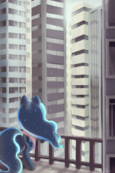 Size: 599x896 | Tagged: safe, artist:mewball, character:princess luna, balcony, behind, city, clothing, female, shirt, skyscraper, solo