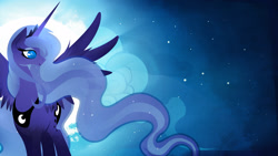 Size: 1920x1080 | Tagged: safe, artist:rariedash, character:princess luna, species:alicorn, species:pony, cutie mark, female, horn, lineless, mare, moon, night, solo, spread wings, stars, wallpaper, wings