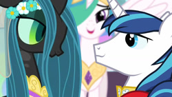 Size: 1280x720 | Tagged: safe, artist:dtkraus, edit, edited screencap, screencap, character:princess celestia, character:queen chrysalis, character:shining armor, ship:shining chrysalis, episode:a canterlot wedding, g4, my little pony: friendship is magic, alternate ending, bedroom eyes, eye contact, female, male, shipping, smiling, straight, wedding