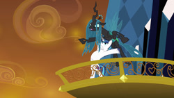 Size: 1280x720 | Tagged: safe, artist:dtkraus, edit, edited screencap, screencap, character:queen chrysalis, character:shining armor, species:changeling, ship:shining chrysalis, episode:the crystal empire, g4, my little pony: friendship is magic, alternate scenario, changeling queen, epic wife tossing, fastball special, female, horn crystals, male, shipping, straight
