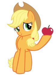 Size: 3200x4267 | Tagged: safe, artist:kuren247, character:applejack, apple, female, looking at you, raised hoof, simple background, solo