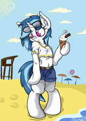 Size: 636x900 | Tagged: safe, artist:mistydash, character:dj pon-3, character:vinyl scratch, species:pony, species:unicorn, beach, beach umbrella, belly button, bipedal, clothing, cross-eyed, cute, ear fluff, female, frown, hoof hold, hooves, horn, ice cream, jeans, mare, midriff, semi-anthro, shorts, solo, sunglasses