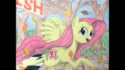 Size: 1191x670 | Tagged: safe, artist:thefriendlyelephant, character:fluttershy, female, finish line, happy, running, running of the leaves, solo, traditional art, tree