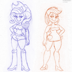 Size: 1024x1024 | Tagged: safe, artist:scobionicle99, character:applejack, character:rarity, species:human, episode:simple ways, g4, my little pony: friendship is magic, applejewel, clothing, daisy dukes, humanized, rarihick
