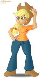 Size: 1024x1736 | Tagged: safe, artist:scobionicle99, character:applejack, species:human, applebucking thighs, female, humanized, solo