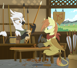 Size: 2600x2300 | Tagged: safe, artist:equestria-prevails, oc, oc only, oc:overdraw, species:griffon, species:hippogriff, apron, archery, arrow, bandana, bow (weapon), bowyer, bucket, clothing, drawknife, duo, female, file, fletcher, griffon oc, hybrid, male, smiling, spear, target, tools, weapon, weaponsmithing, wood shavings, woodwork, woodworking, workbench