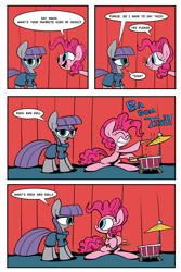 Size: 3000x4500 | Tagged: safe, artist:joeywaggoner, character:maud pie, character:pinkie pie, species:earth pony, species:pony, episode:maud pie, g4, my little pony: friendship is magic, ba dum tss, comic, confused, cute, dialogue, drum set, drums, eye contact, eyes closed, frown, grin, hilarious in hindsight, hoof hold, lidded eyes, looking at each other, looking at you, looking back, open mouth, pinkie being pinkie, rimshot, sitting, smiling, speech bubble, squee