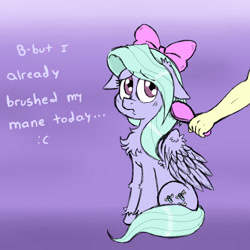 Size: 800x800 | Tagged: safe, artist:ichibangravity, character:flitter, species:human, brushie, chest fluff, dialogue, floppy ears, fluffy, frown, non-consensual brushing, unshorn fetlocks