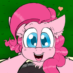 Size: 950x950 | Tagged: dead source, safe, artist:ichibangravity, character:pinkie pie, species:human, species:pony, bright eyed, chest fluff, colored pupils, cute, diapinkes, ear fluff, female, fluffy, holding a pony, pov, solo