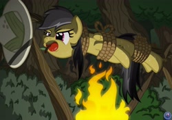 Size: 5000x3500 | Tagged: safe, artist:template93, character:daring do, adventure, apple, apple gag, bondage, bound wings, clothing, commission, cooked alive, cooking, cooking vore, female, fire, forest, gag, hat, jungle, literal spitroast, peril, pony as food, roast, rope, solo, suspended, sweat, tied up