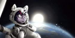 Size: 3500x1800 | Tagged: safe, artist:whitepone, character:twilight sparkle, character:twilight sparkle (unicorn), species:pony, species:unicorn, astronaut, debris, earth, female, gravity (movie), solo, space, space suit, sun