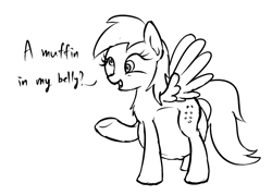Size: 1117x799 | Tagged: safe, artist:puetsua, character:derpy hooves, species:pegasus, species:pony, belly, chest fluff, explicit source, female, mare, monochrome, pregnant, sketch, solo