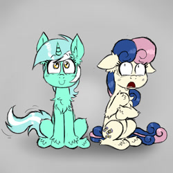 Size: 850x850 | Tagged: safe, artist:ichibangravity, character:bon bon, character:lyra heartstrings, character:sweetie drops, bon bon is not amused, chest fluff, ear fluff, fluffy, open mouth, shocked, sitting, smiling, tail wag, unshorn fetlocks, varying degrees of want