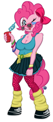 Size: 2160x5000 | Tagged: safe, artist:template93, character:pinkie pie, species:anthro, 80s, bow, cleavage, clothing, cup, fashion, female, fishnets, glasses, skirt, socks, solo, sunglasses, swirly straw, tank top