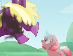 Size: 1103x845 | Tagged: safe, artist:faith-wolff, oc, species:dragon, species:pony, species:unicorn, fanfic:the bridge, angry, duo, fanfic art, female, filly, foal, fume, male, open mouth, orchid, smoke, spear (dragon), teenaged dragon