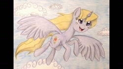 Size: 1191x670 | Tagged: safe, artist:thefriendlyelephant, oc, oc only, species:alicorn, species:pony, alicorn oc, flying, happy, requested art, smiling, solo, traditional art