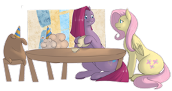 Size: 1280x681 | Tagged: safe, artist:redintravenous, character:fluttershy, character:pinkamena diane pie, character:pinkie pie, ship:flutterpie, female, lesbian, madame leflour, shipping, tea