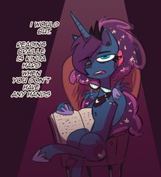 Size: 500x549 | Tagged: safe, artist:herny, character:princess luna, luna-afterdark, armchair, braille, chair, dialogue, female, glasses, lidded eyes, looking at you, open mouth, sitting, solo, spread wings, tumblr, wings