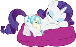 Size: 1500x932 | Tagged: safe, artist:godoffury, artist:punzil504, artist:yanoda, character:coco pommel, character:rarity, species:pony, baby, baby pony, cocobetes, cuddling, cute, dawwww, diabetes, eyes closed, hnnng, mama rarity, micro, on side, pillow, raribetes, simple background, sleeping, smiling, snuggling, the diabetes has been doubled, transparent background, underhoof, vector, weapons-grade cute