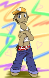 Size: 1217x1920 | Tagged: safe, artist:fuzebox, character:doctor whooves, character:time turner, species:pony, episode:testing testing 1-2-3, g4, my little pony: friendship is magic, '90s, baseball cap, belly button, bipedal, clothing, gangsta, hat, heart, male, pants, rap, sagging, solo, t-shirt, underwear