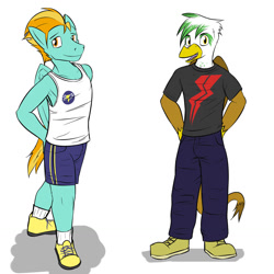 Size: 1280x1280 | Tagged: safe, artist:fuzebox, character:gilda, character:lightning dust, species:anthro, species:griffon, species:plantigrade anthro, species:pony, clothing, guilder, lightning powder, male, pants, rule 63, shirt, shoes, shorts, stallion