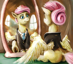 Size: 2445x2127 | Tagged: safe, artist:sharpieboss, character:fluttershy, episode:filli vanilli, g4, my little pony: friendship is magic, clothing, frog (hoof), mirror, necktie, rule 63, sitting, solo, suit, uncanny valley, underhoof