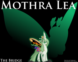 Size: 1570x1251 | Tagged: safe, artist:faith-wolff, species:changeling, fanfic:the bridge, black background, changeling queen, changelingified, colored sclera, colored wings, cover, fanfic art, female, godzilla (series), green sclera, kaiju, kaiju changeling, mothra, mothra lea, multicolored wings, ponified, rainbow mothra, rainbow wings, simple background, solo