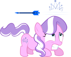 Size: 1018x818 | Tagged: safe, artist:magerblutooth, character:diamond tiara, arrow, dodge, ducking, female, gritted teeth, scared, solo, wide eyes