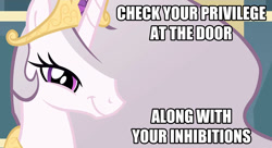 Size: 908x494 | Tagged: safe, artist:dtkraus, edit, character:princess celestia, princess molestia, bedroom eyes, check your privilege, drama, female, looking at you, solo