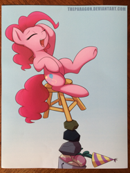 Size: 800x1066 | Tagged: safe, artist:theparagon, character:pinkie pie, balancing, female, mr. turnip, rocky, solo, stool