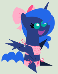 Size: 1024x1296 | Tagged: safe, artist:evilfrenzy, character:princess luna, bra, clothing, crop top bra, female, panties, pink underwear, pointy ponies, ribbon, simple background, sitting, solo, underwear