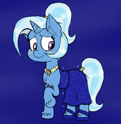 Size: 800x820 | Tagged: safe, artist:ichibangravity, character:trixie, species:pony, species:unicorn, alternate hairstyle, blushing, chest fluff, clothing, dress, ear fluff, female, mare, necklace, ponytail, raised hoof, shoes, solo, tail ring, unshorn fetlocks