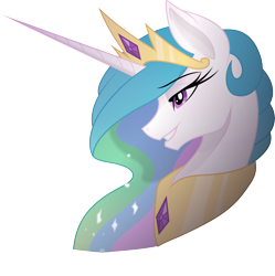 Size: 9438x9461 | Tagged: safe, artist:gray-gold, artist:probablyfakeblonde, character:princess celestia, species:alicorn, species:pony, absurd resolution, bedroom eyes, bust, colored, crown, female, grin, horn, jewelry, mare, peytral, portrait, profile, regalia, simple background, smiling, solo, transparent background, vector