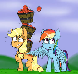 Size: 950x900 | Tagged: dead source, safe, artist:ichibangravity, character:applejack, character:rainbow dash, apple, balancing, basket, chest fluff, ear fluff, fluffy, grin, pile, plewds, prank, raised leg, shivering, smiling, sweat, this will end in tears, tickling, unshorn fetlocks, wide eyes, working