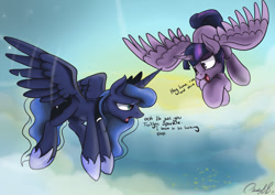 Size: 900x636 | Tagged: dead source, safe, artist:mistydash, character:princess luna, character:twilight sparkle, character:twilight sparkle (alicorn), species:alicorn, species:pony, dialogue, female, flying, luna is not amused, mare, morning, tired, unamused
