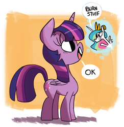 Size: 1000x1027 | Tagged: dead source, safe, artist:herny, character:princess celestia, character:twilight sparkle, character:twilight sparkle (alicorn), species:alicorn, species:pony, cheerful, cute, dialogue, eye contact, featured on derpibooru, female, funny, funny as hell, grimcute, looking at each other, looking up, mare, open mouth, photoshop, smiling, speech bubble, this will end in fire, this will end in tears, this will end in tears and/or death, thought bubble, trollestia, voices, weapons-grade cute